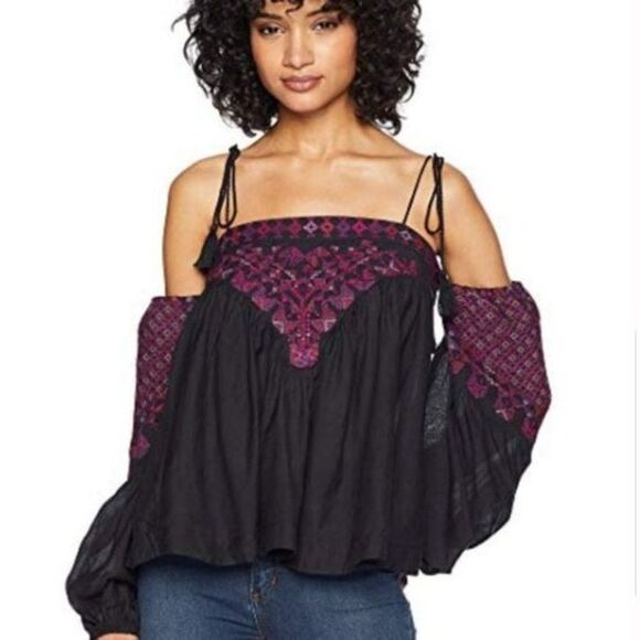 Free People Womens Top Black XS Off-the-Shoulder Embroidered Blouse - Picture 8 of 8